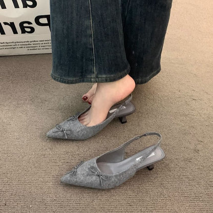 Pointy Bow Kitten Heel Slingback Sandals