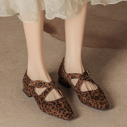 Leopard Print Cross Strap Chunky Heel Mary Jane Shoes