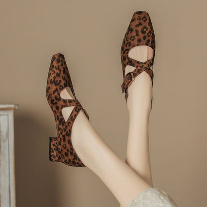 Leopard Print Cross Strap Chunky Heel Mary Jane Shoes