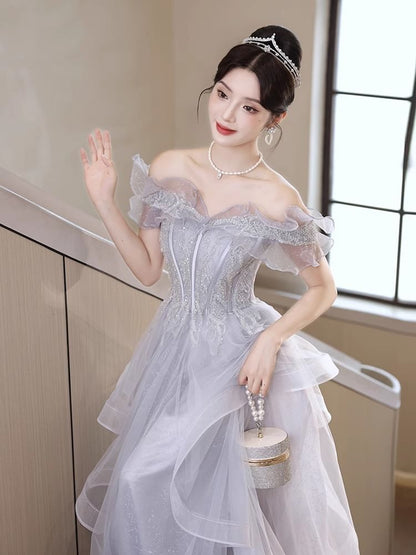 Off-Shoulder Ruffle Sequin A-Line Evening Gown