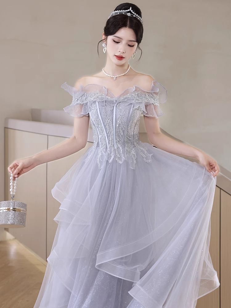 Off-Shoulder Ruffle Sequin A-Line Evening Gown