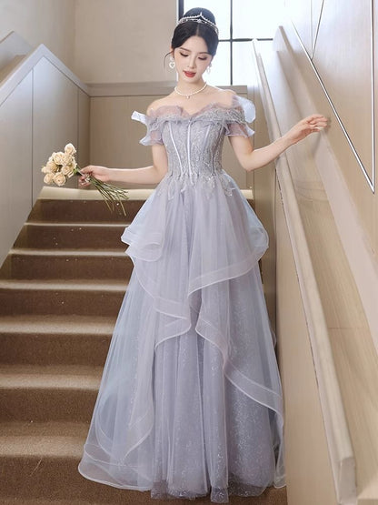 Off-Shoulder Ruffle Sequin A-Line Evening Gown