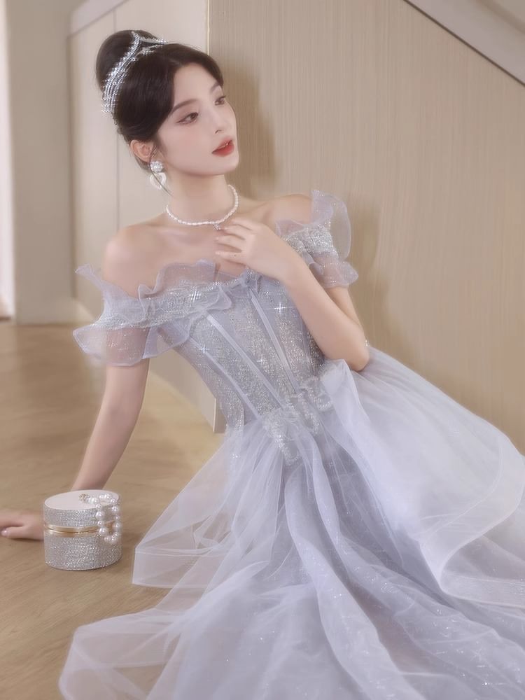 Off-Shoulder Ruffle Sequin A-Line Evening Gown