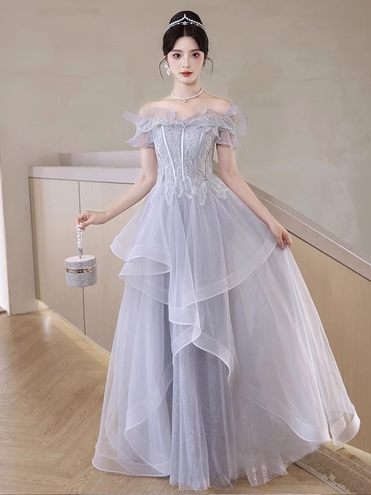 Off-Shoulder Ruffle Sequin A-Line Evening Gown
