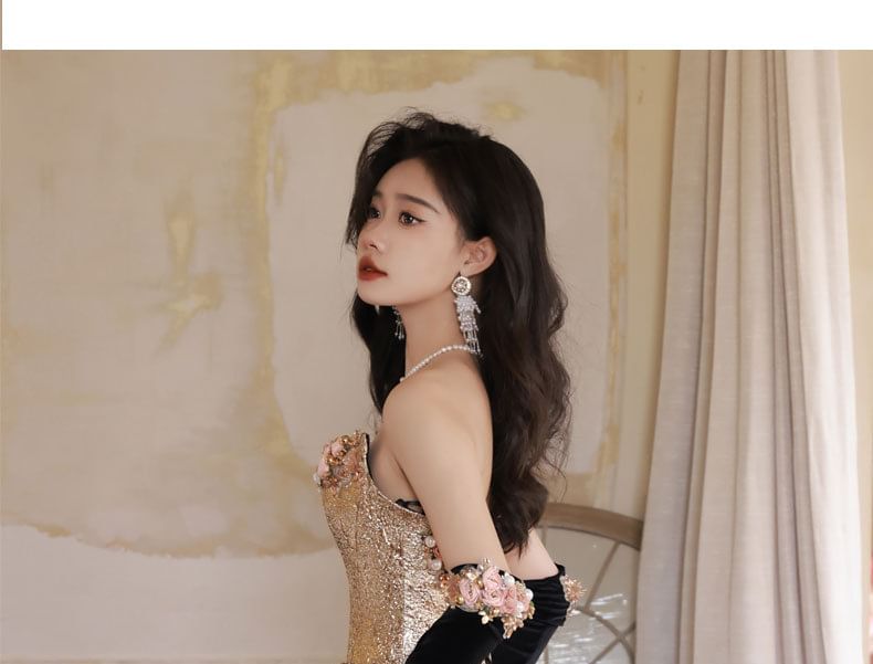 Set / Gloves Accent Flower Bead Ball Gown