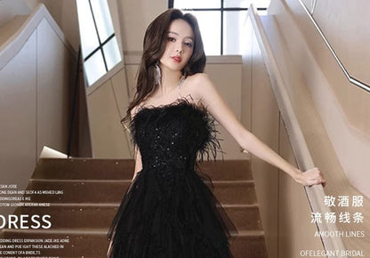 Fluffy Panel Low Strapless High Gown Sequin Mesh A-Line Evening