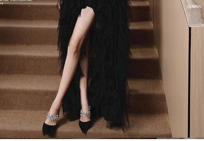 Fluffy Panel Low Strapless High Gown Sequin Mesh A-Line Evening