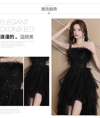 Fluffy Panel Low Strapless High Gown Sequin Mesh A-Line Evening