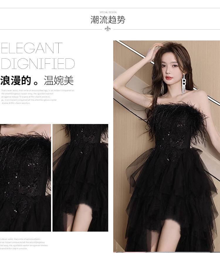 Strapless Sequin Fluffy Panel Mesh High Low A-Line Evening Gown