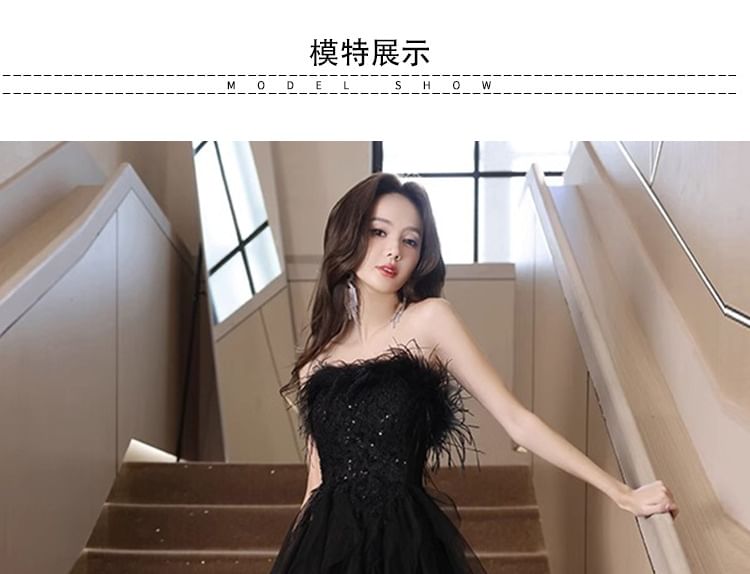 Fluffy Panel Low Strapless High Gown Sequin Mesh A-Line Evening