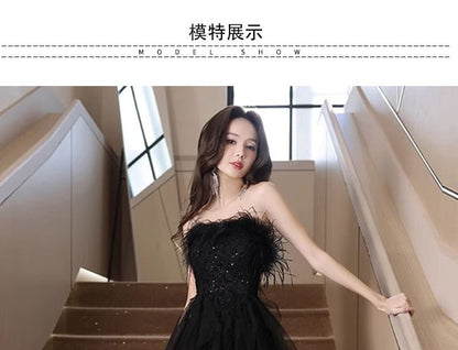 Strapless Sequin Fluffy Panel Mesh High Low A-Line Evening Gown