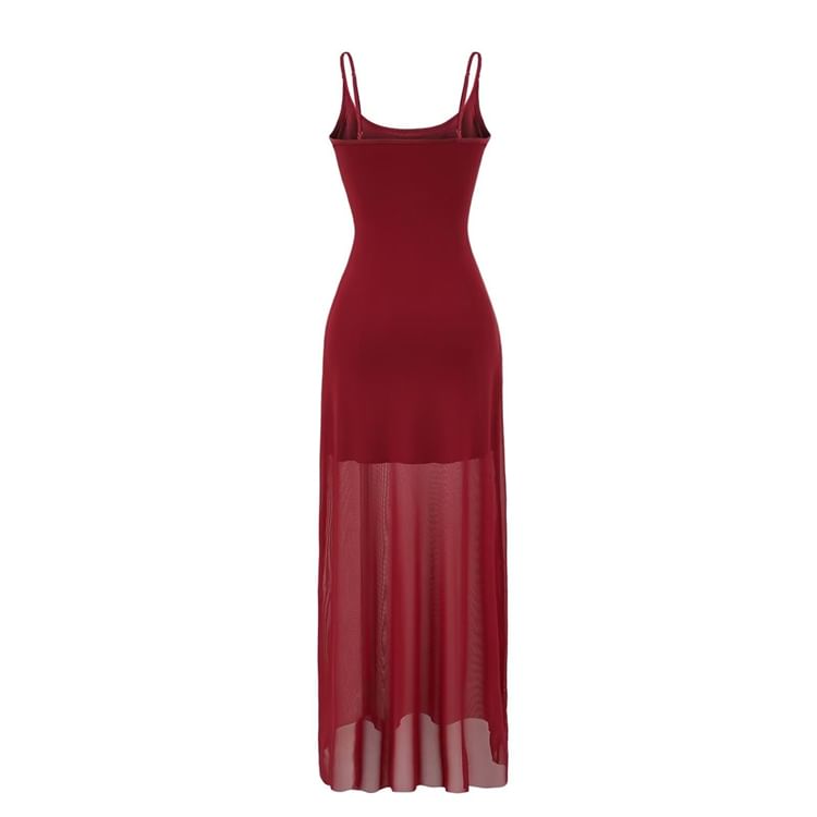Mesh Maxi A-Line Dress with Spaghetti Straps
