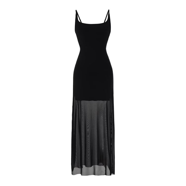 Mesh Maxi A-Line Dress with Spaghetti Straps