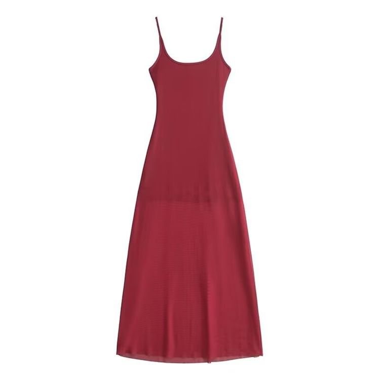 Mesh Maxi A-Line Dress with Spaghetti Straps