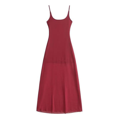Mesh Maxi A-Line Dress with Spaghetti Straps