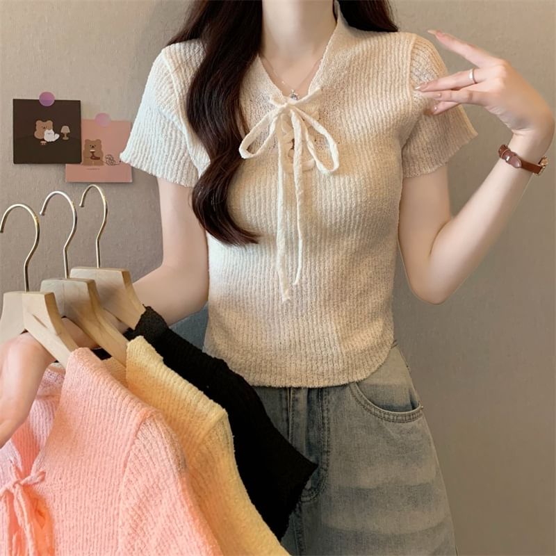 Lace-Up Knit V-Neck Crop Top