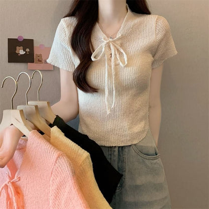 Lace-Up Knit V-Neck Crop Top