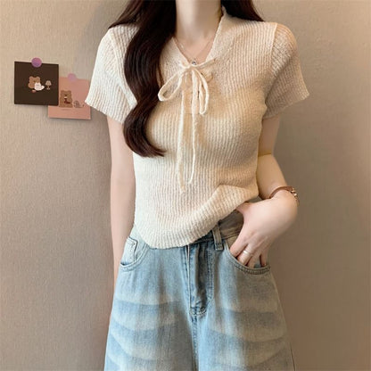 Lace-Up Knit V-Neck Crop Top