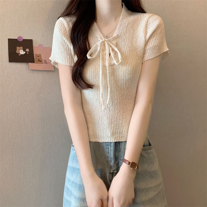 Lace-Up Knit V-Neck Crop Top