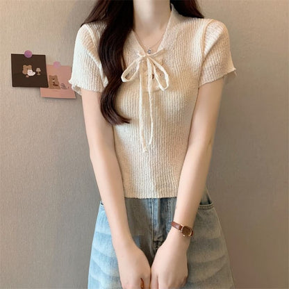 Lace-Up Knit V-Neck Crop Top