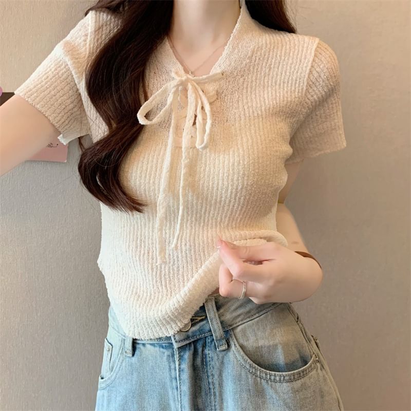 Lace-Up Knit V-Neck Crop Top