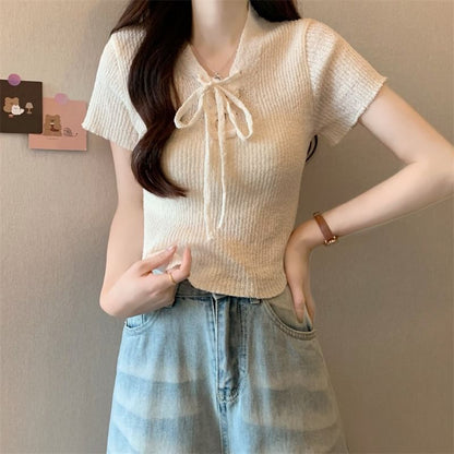 Lace-Up Knit V-Neck Crop Top