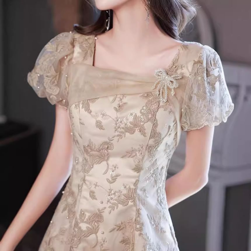 Puff-Sleeve Square Neck Floral Embroidered Sequin Faux Pearl A-Line Evening Gown