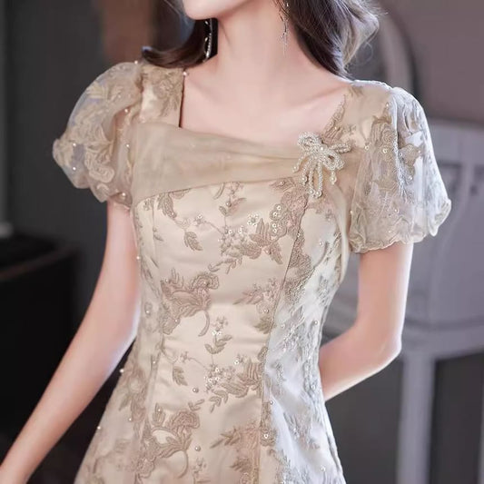 Puff-Sleeve Square Neck Floral Embroidered Sequin Faux Pearl A-Line Evening Gown