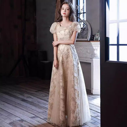 Gown Embroidered Neck Pearl Square Puff-Sleeve Sequin Faux Floral Evening A-Line