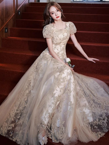 Gown Embroidered Neck Pearl Square Puff-Sleeve Sequin Faux Floral Evening A-Line