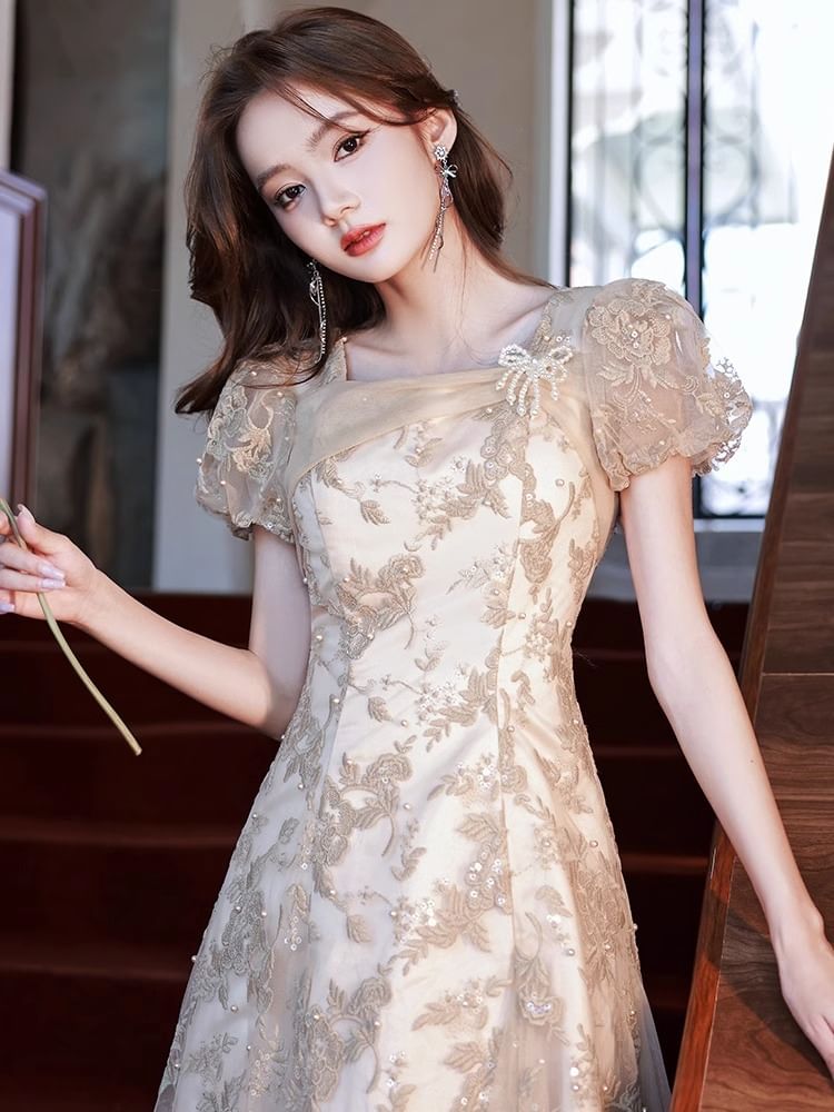 Gown Embroidered Neck Pearl Square Puff-Sleeve Sequin Faux Floral Evening A-Line