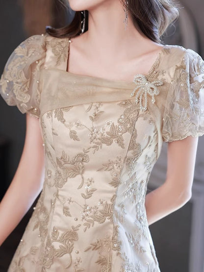 Gown Embroidered Neck Pearl Square Puff-Sleeve Sequin Faux Floral Evening A-Line