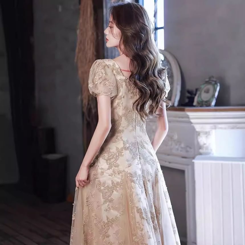 Gown Embroidered Neck Pearl Square Puff-Sleeve Sequin Faux Floral Evening A-Line