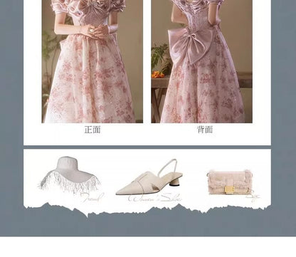 Floral Print Back Gown Bow Accent A-Line Evening Off-Shoulder Butterfly