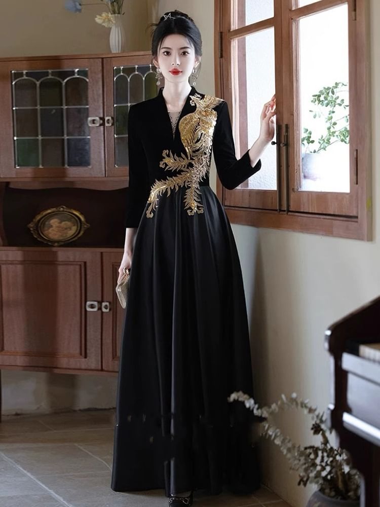 Long-Sleeve Embroidered Sequin Evening A-Line Phoenix V-Neck Gown