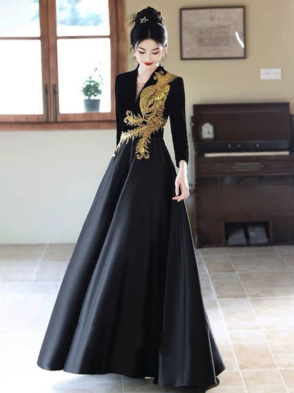 Long-Sleeve Embroidered Sequin Evening A-Line Phoenix V-Neck Gown