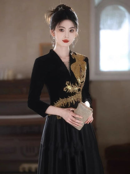 Long-Sleeve Embroidered Sequin Evening A-Line Phoenix V-Neck Gown