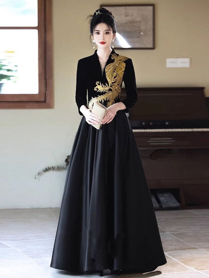Long-Sleeve Embroidered Sequin Evening A-Line Phoenix V-Neck Gown