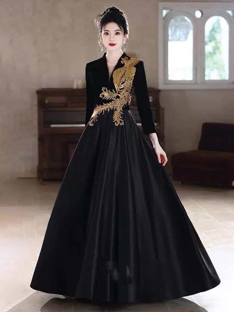 Long-Sleeve V-Neck Phoenix Embroidered Sequin A-Line Evening Gown