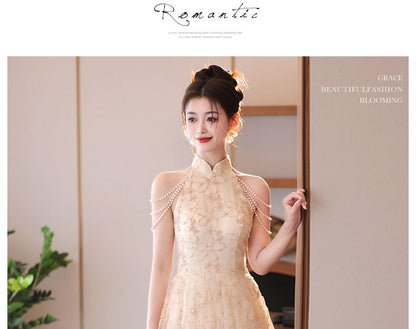 Halter Neck Stand Collar Floral Jacquard Faux Pearl Fringed A-Line Evening Dress