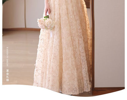 Halter Neck Stand Collar Floral Jacquard Faux Pearl Fringed A-Line Evening Dress