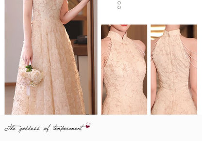 Halter Neck Stand Collar Floral Jacquard Faux Pearl Fringed A-Line Evening Dress