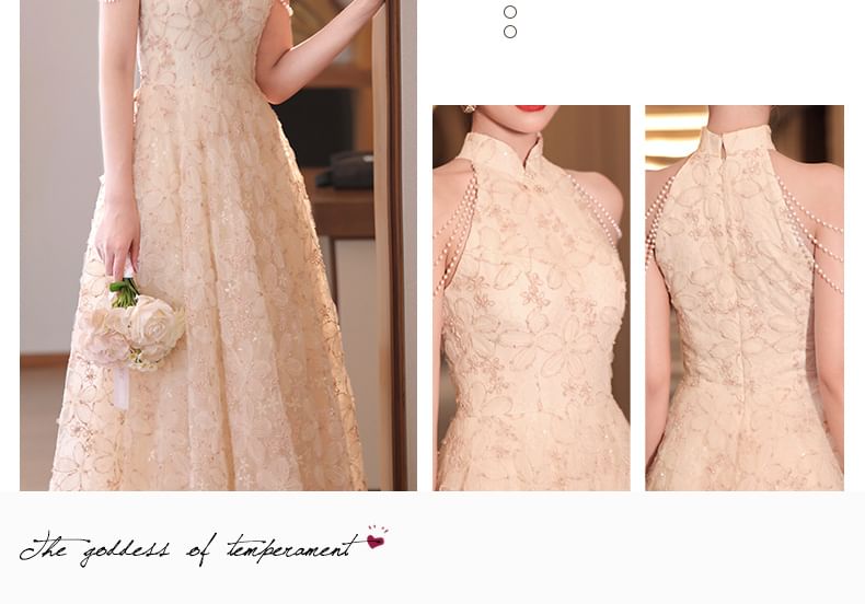 Halter Neck Stand Collar Floral Jacquard Faux Pearl Fringed A-Line Evening Dress