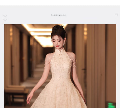 Halter Neck Stand Collar Floral Jacquard Faux Pearl Fringed A-Line Evening Dress