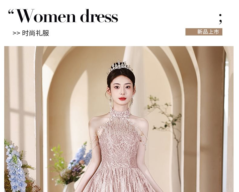 Mock Back Cutout Faux Neck Fringed Halter Evening A-Line Gown Pearl