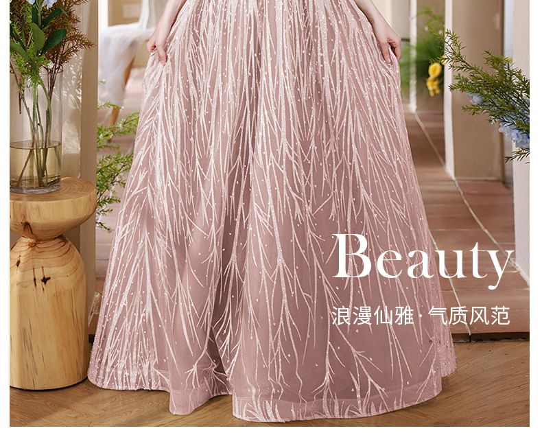 Mock Back Cutout Faux Neck Fringed Halter Evening A-Line Gown Pearl