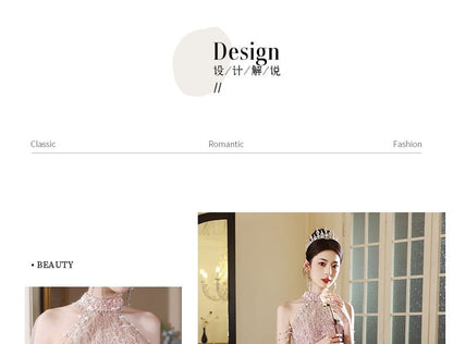 Halter Mock Neck Faux Pearl Fringed Cutout Back A-Line Evening Gown