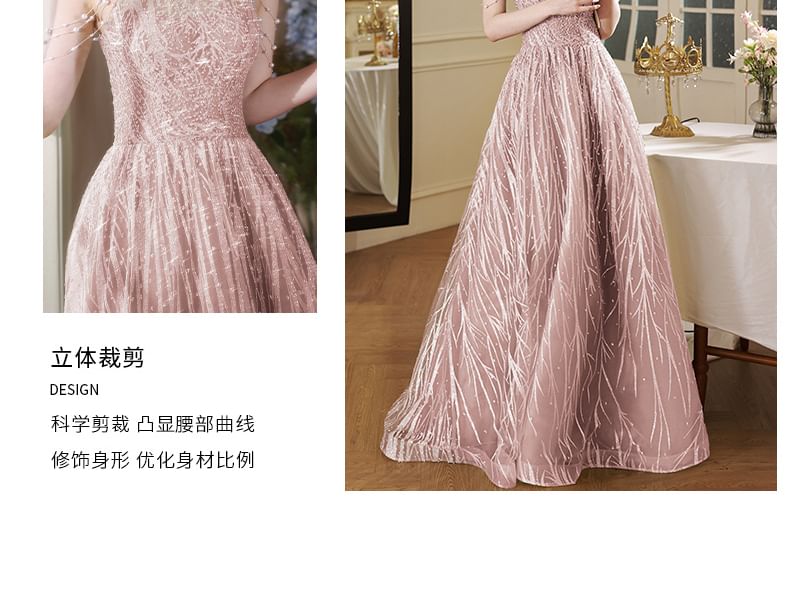 Halter Mock Neck Faux Pearl Fringed Cutout Back A-Line Evening Gown