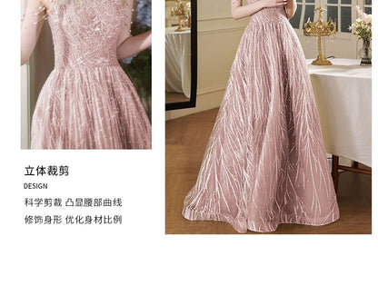 Halter Mock Neck Faux Pearl Fringed Cutout Back A-Line Evening Gown