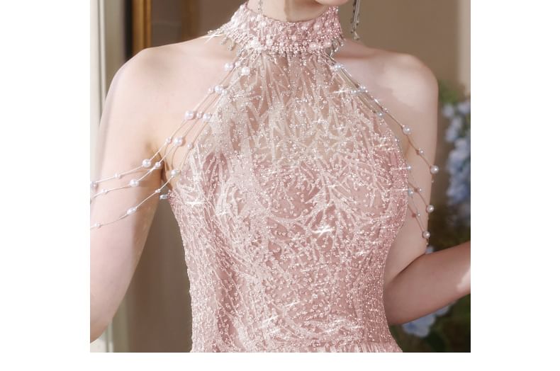 Halter Mock Neck Faux Pearl Fringed Cutout Back A-Line Evening Gown